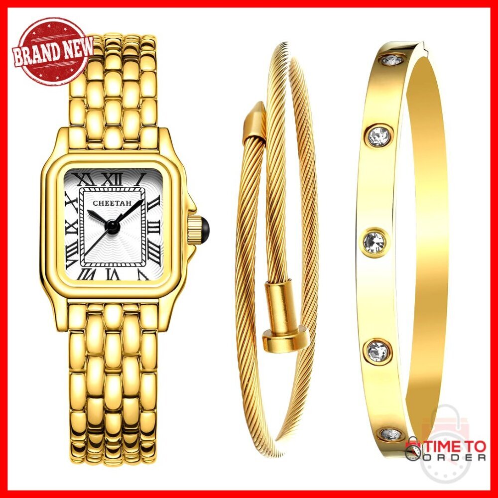 Gold-Tone Bangle Watch Bracelet Set Vintage Elegant Adjustable Chic Accessory